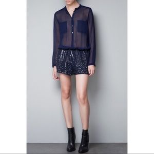 Navy Romper with Sequined Bottom and Sheer Top